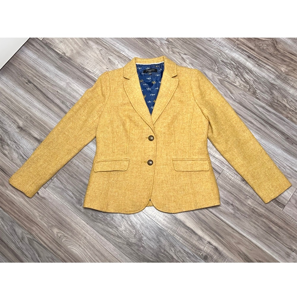 Talbots Mustard Yellow Herringbone Wool Blend Crest Button Blazer Size 6P